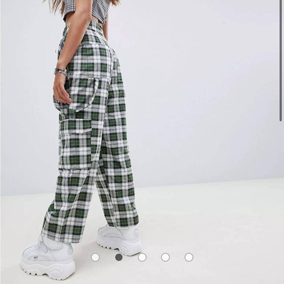 The Ragged Priest Escape Cargo Pants Wide Leg High Waist Plaid Trousers Green - Picture 2 of 10